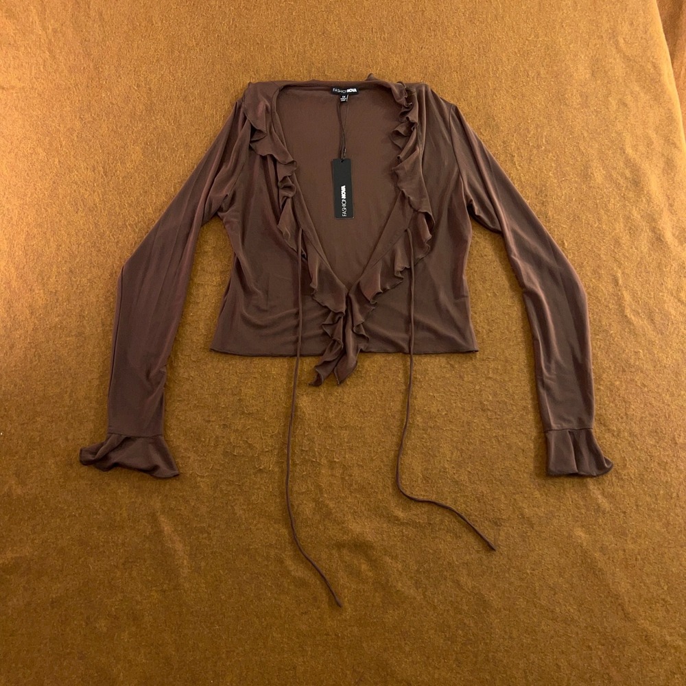 Fashion Nova Womens 1X Chocolate Brooklyn Ruffle Tie Front Mesh Top NWT
